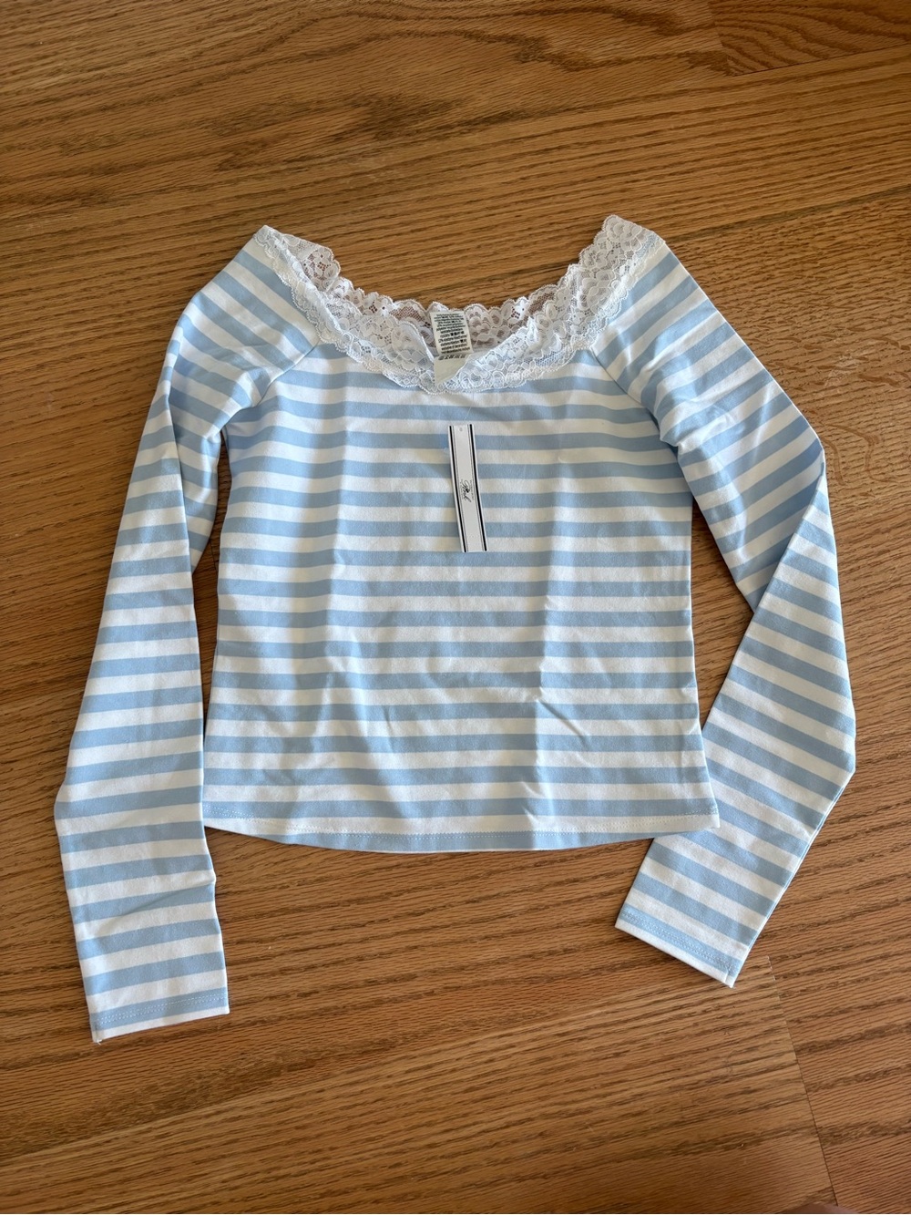 Frankie's Bikinis Light Blue & White Striped Lace-Trim Long Sleeve Top